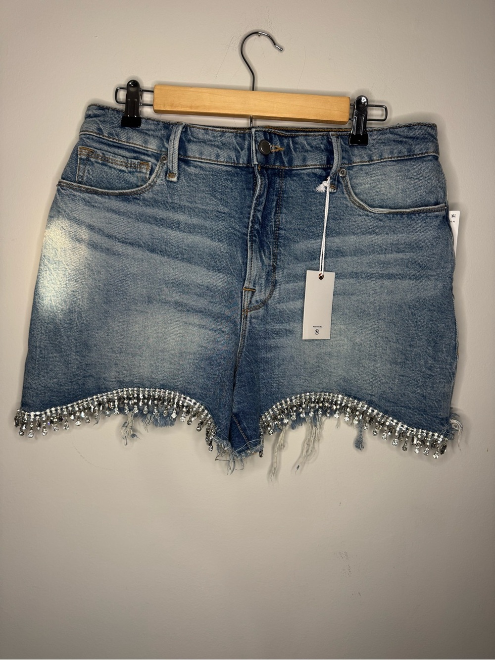 Good American Light Blue Denim Shorts with Crystal Fringe Hem